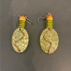 Green Patterned Earrings with Copper Accents